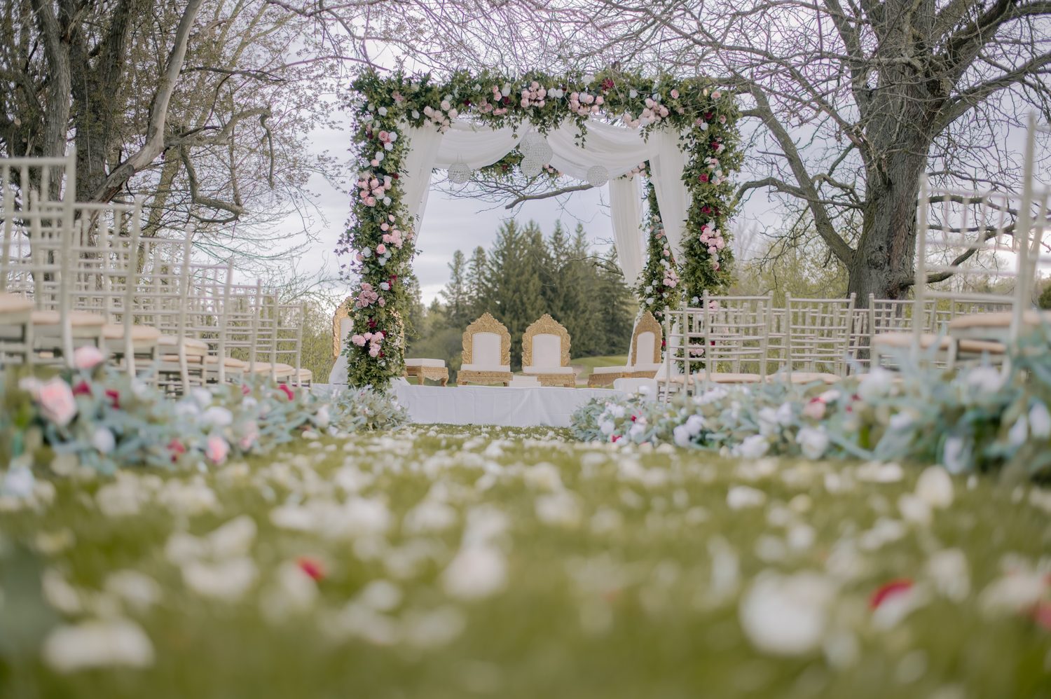 A floral mandap arch with pink and burgundy roses over gold ceremony chairs