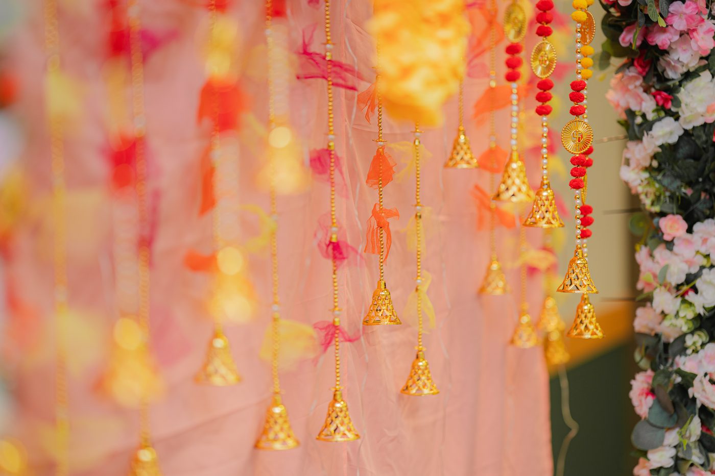 Gold bells and pom-pom garlands